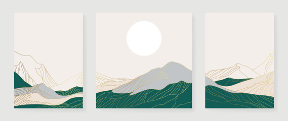 Wall Mural - set of abstract mountain wall art vector. hills, panorama view, line mountains, sunset in line art. 
