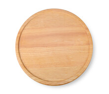 Round Cutting Board, Wooden Board On White Background.  Top View.
