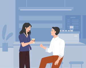 Wall Mural - Two friends are drinking coffee and talking in the break room. cafe background flat design style vector illustration.