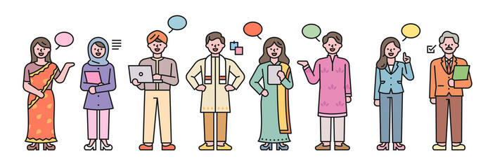 Wall Mural - asian business characters. they are wearing suits and traditional indian clothes. flat design style 