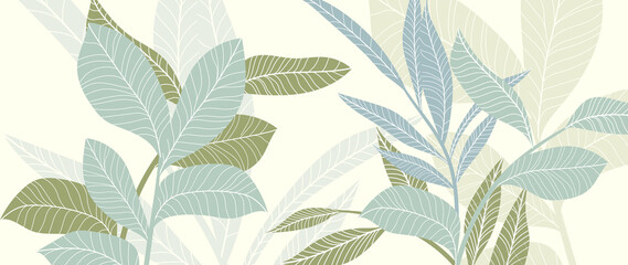 Abstract botanical vector background. Tropical plant wallpaper with foliage, tree branches, leaves in hand drawn pattern. Green botanical forest design for cover, prints, wall art, decorative.