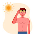 Young man with skin sunburn under strong sunlight in flat design.
