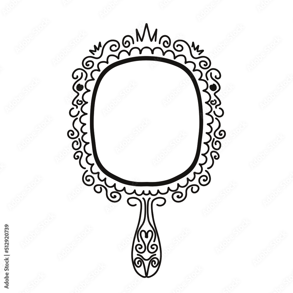 Princess crown mirror frame. Hand drawn doodle handle mirror with crown ...