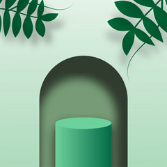 Abstract Background Podium with Leaves. Green Template with Frame and  Stand Design for Product Display