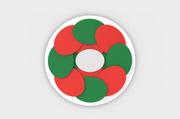 Poster - 3d rendering. simple Red green ovel plate in circle shape on white round floor background.