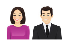 Portrait Of Two Asian Persons. Young Adult Man And Woman Isolated Vector Illustration