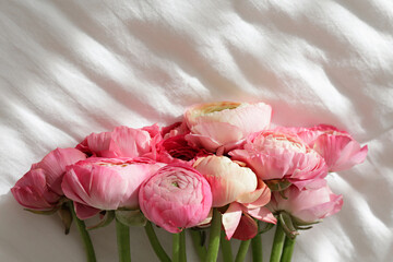 Wall Mural - Close up shot of a gorgeous bouquet of ranunculus flowers lying on the white bedsheets. A morning romantic surprize. Copy space for text, background, natural light.