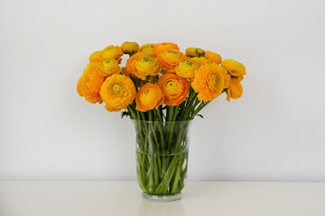 Wall Mural - Beautiful tender yellow-orange ranunculus bouquet in a glass vase on table. Visible petal structure. Bright patterns of flower buds. Top view, close up, copy space, white wall background.