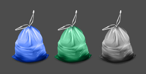 Poster - Realistic Detailed 3d Different Color Plastic Trash Bag Set for Garbage and Rubbish. Vector illustration of Polyethylene Trashbag