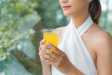 Woman Drink Juice And Feel Happily At Home