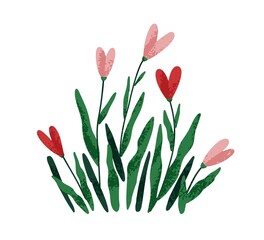 Heart-shaped flowers with leaf. Wild floral plants with blooming valentine buds. Gentle delicate blossomed spring flora, stems and leaves. Flat vector illustration isolated on white background