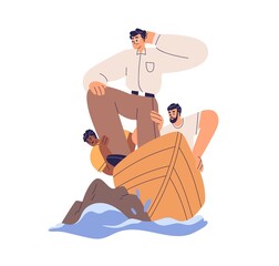 Poster - Business problems, failure, mistakes, obstacles concept. Boat team in accident, crisis. Company failing. Colleagues and work difficulties. Flat vector illustration isolated on white background