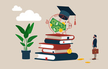 Piggy Bank Wearing Graduation Hat On Stack On School Textbooks And Dollar Money Coins. Education Fund, Collect Money For School, College And University Cost, Student Scholarship Or Loan.
