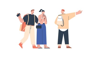 Wall Mural - couple of tourists going sightseeing, asking local person for help. man and woman with personal indi
