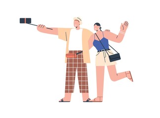 Wall Mural - tourists couple take selfie photo, hold monopod with mobile phone. happy man and woman making photog