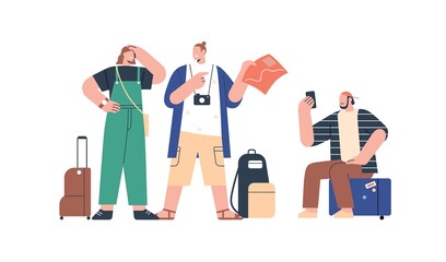 Wall Mural - friends tourists with suitcases, travel bags arrived at new place. people travelers with luggage, ca