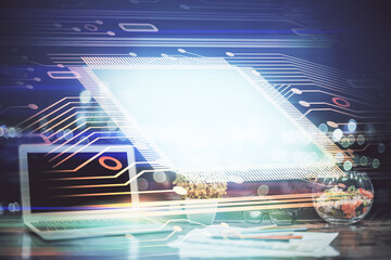 Poster - Double exposure of computer and technology theme drawing. Concept of innovation.
