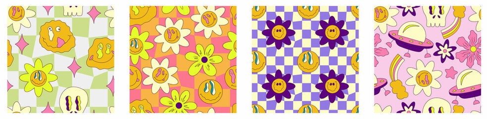 Trippy smile seamless pattern set with ufo, skull, daisy and rainbow. Psychedelic hippy groovy print. Good 60s, 70s, mood. Vector trippy crazy illustration. Smile face seamless pattern y2k style
