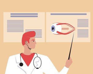 Wall Mural - Ophthalmologist with eye infographics, flat vector stock illustration as concept of intern or intern exam or oradinator