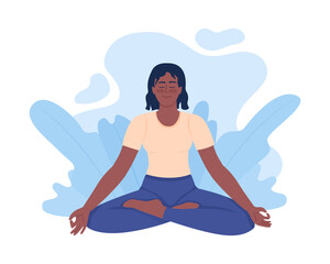 Poster - Positive young woman meditating in lotus pose 2D vector isolated illustration. Tranquil flat character on cartoon background. Mindfulness colourful editable scene for mobile, website, presentation