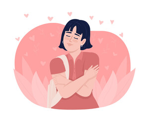 Poster - tranquil woman embracing herself 2d vector isolated illustration. positive flat character on cartoon