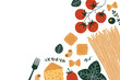 © Maria - Pasta and tomatoes with garlic and basil. Textured illustration. Italian food horizontal background. Vector illustration