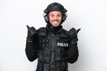 Brazilian soldier man isolated on white background with thumbs up gesture and smiling