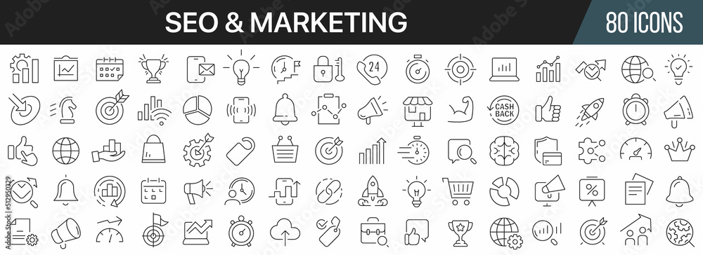 Seo and marketing line icons collection. Big UI icon set in a flat ...