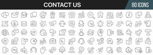 Contact Us And Support Line Icons Collection. Big UI Icon Set In A Flat Design. Thin Outline Icons Pack. Vector Illustration EPS10