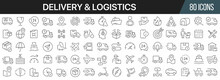 Delivery And Logistics Line Icons Collection. Big UI Icon Set In A Flat Design. Thin Outline Icons Pack. Vector Illustration EPS10