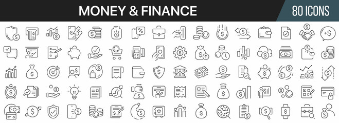 Leinwandbilder - Money and finance line icons collection. Big UI icon set in a flat design. Thin outline icons pack. Vector illustration EPS10