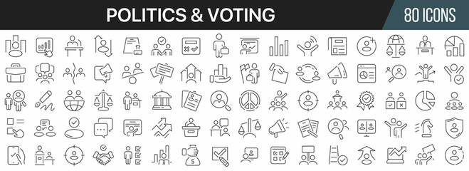 Politics and vote line icons collection. Big UI icon set in a flat design. Thin outline icons pack. Vector illustration EPS10