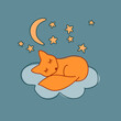 vector red fox cub sleeping on cloud, moon stars around, simple cute illustration card for child, sweet dream