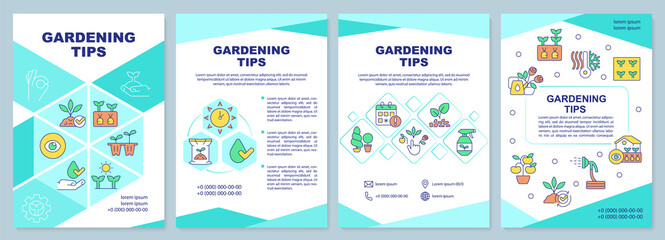 Gardening tips mint brochure template. Horticulture. Leaflet design with linear icons. Editable 4 vector layouts for presentation, annual reports. Arial-Black, Myriad Pro-Regular fonts used