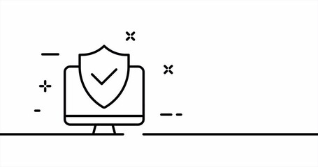 Wall Mural - Computer with a shield. Protection, personal data, check mark, antivirus, safe, internet. Privacy concept. One line drawing animation. Motion design. Animated technology logo. Video 4K