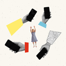 Contemporary Art Collage. Conceptual Image With Little Shouting Girl, Child Surrounded By Many Mobile Phones