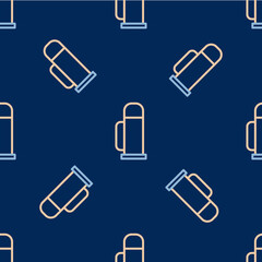 Sticker - Line Thermos container icon isolated seamless pattern on blue background. Thermo flask icon. Camping and hiking equipment. Vector