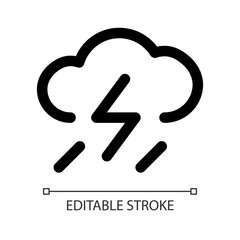 Poster - Rain and lightning white linear ui icon. Weather condition. Thundershower. GUI, UX design. Outline isolated user interface element for app and web. Editable stroke. Arial font used