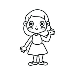 Wall Mural - Cute little girl in a dress welcomes. Greetings. Black and white vector illustration. Coloring.