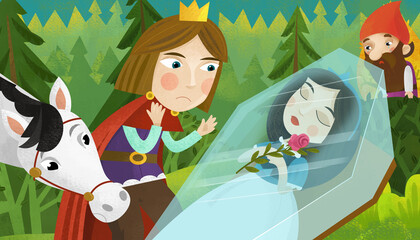 cartoon prince near sleeping princess illustration