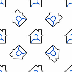 Poster - Line Online working icon isolated seamless pattern on white background. Freelancer man working on laptop at his house. Remote work. Distant job concept. Colorful outline concept. Vector