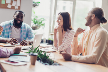 Wall Mural - Photo of positive friendly students sitting desktop speak chatting new project business center indoors