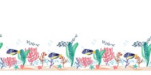 Fish Seamless Pattern With Corals, Starfishes And Shells. 