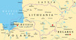 Lithuania and Kaliningrad, political map, with capitals and most important cities. Republic of Lithuania, a country in the Baltic region of Europe, and Kaliningrad Oblast, a federal subject of Russia.