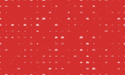Poster - Seamless background pattern of evenly spaced white people symbols of different sizes and opacity. Vector illustration on red background with stars