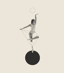 Contemporary art collage with artistic young ballerina dancing on drawn ball isolated over grey background. Line art design