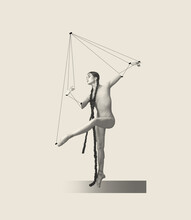 Contemporary Art Collage With Beautiful Woman, Ballerina Dancing On Strings Like Puppet Isolated Over Grey Background. Line Art