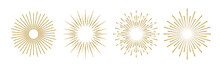 Sunburst Set Gold Glitter Style Isolated On Transparent Background. Firework Explosion, Star, Rays Of Light Collection. Vector Illustration 10 Eps