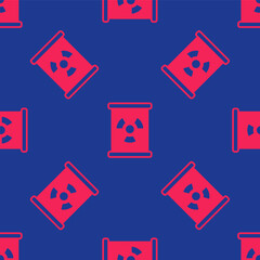 Poster - Red Radioactive waste in barrel icon isolated seamless pattern on blue background. Toxic refuse keg. Radioactive garbage emissions, environmental pollution. Vector