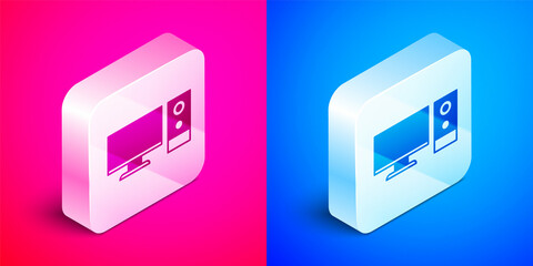 Sticker - Isometric Computer monitor icon isolated on pink and blue background. PC component sign. Silver square button. Vector